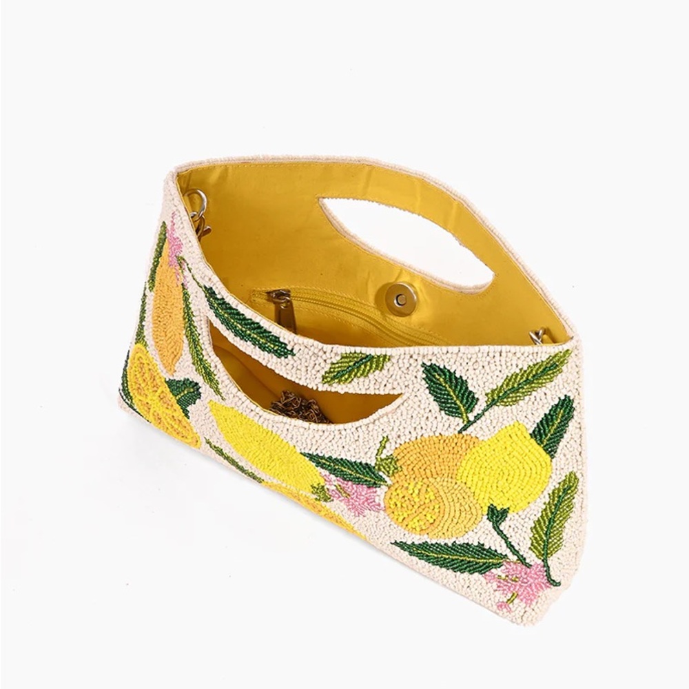 Beaded Lemon Motif Handheld Clutch - Yellow/Green - Picture 4 of 10